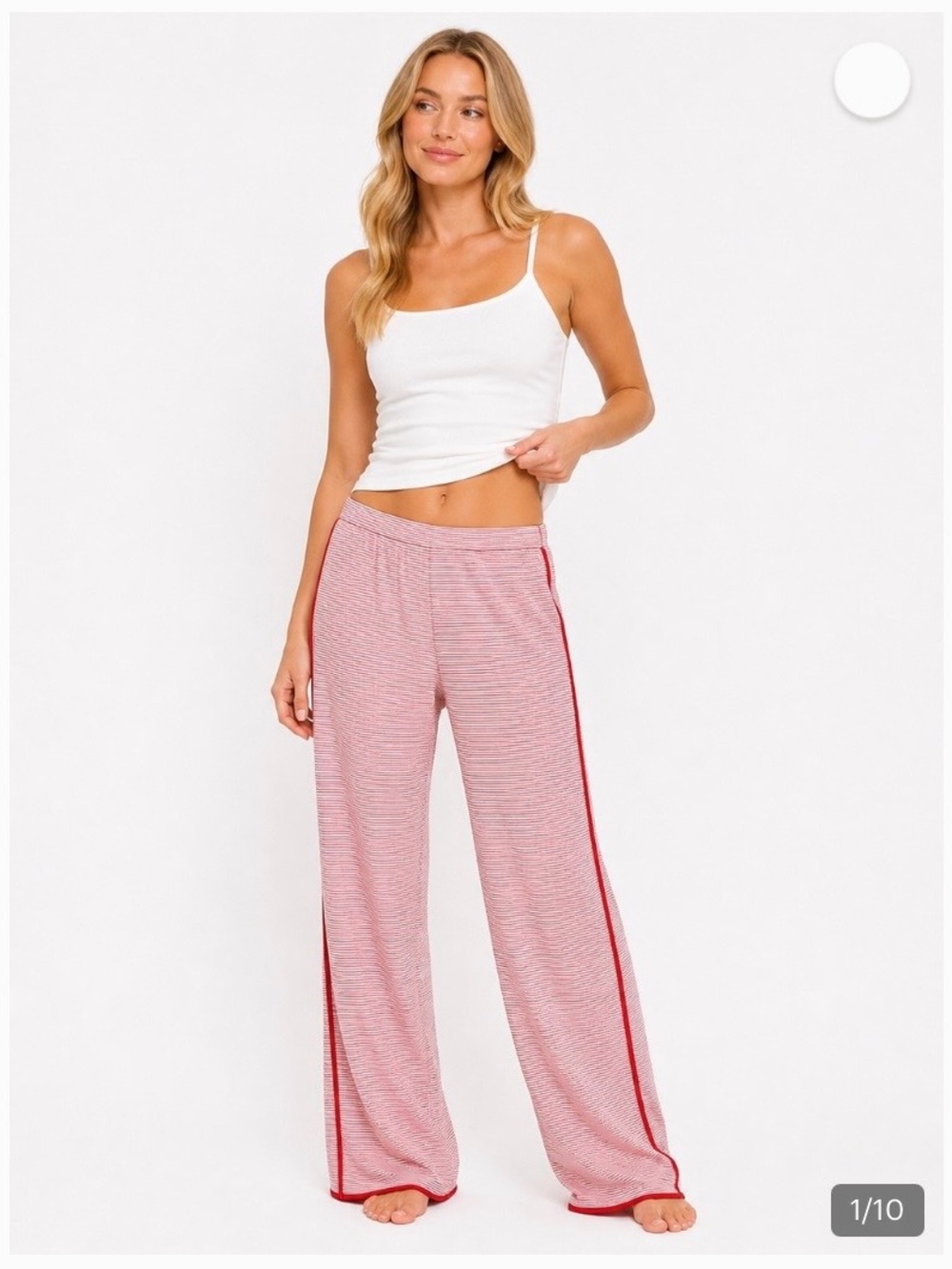 LAKE Pima Cotton Wide-Leg Red Stripe Pajama Pants, Sz M